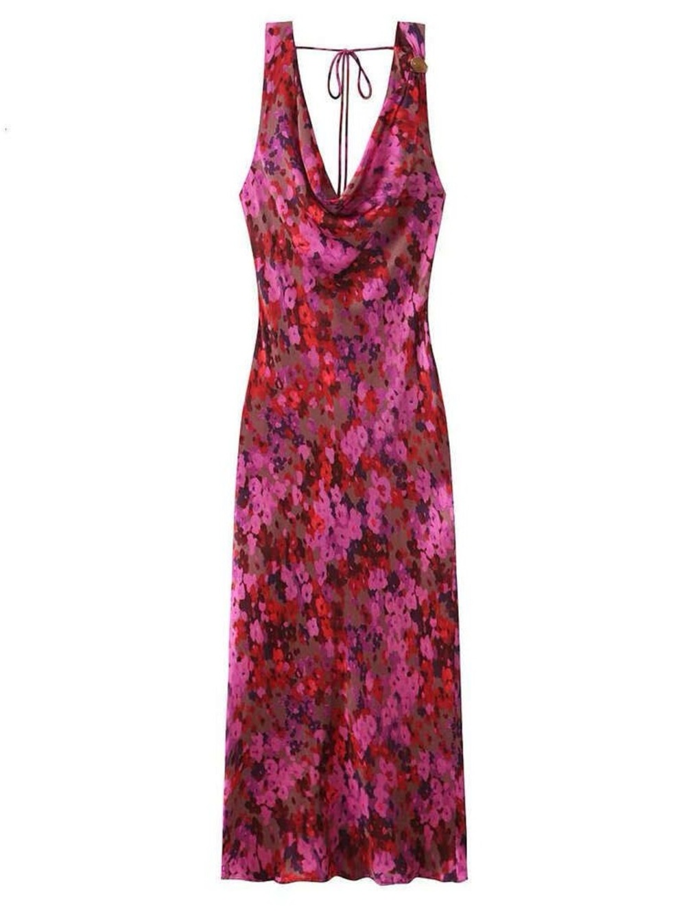 Zara Pink and Red Floral Cowl-Neck Maxi Dress